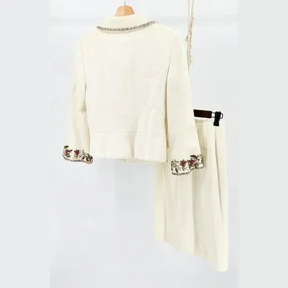 Vintage 90s Escada Ivory Elegant Cream Beaded Linen Cotton Skirt Suit - Picture 5 of 10